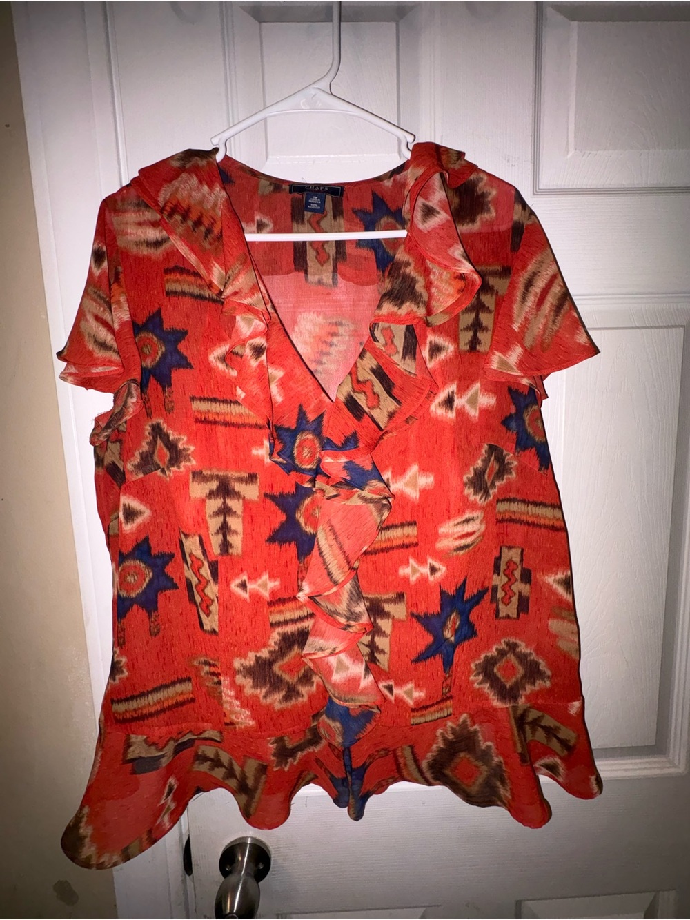 Chaps Orange Aztec Ruffle V-Neck Blouse with Cami